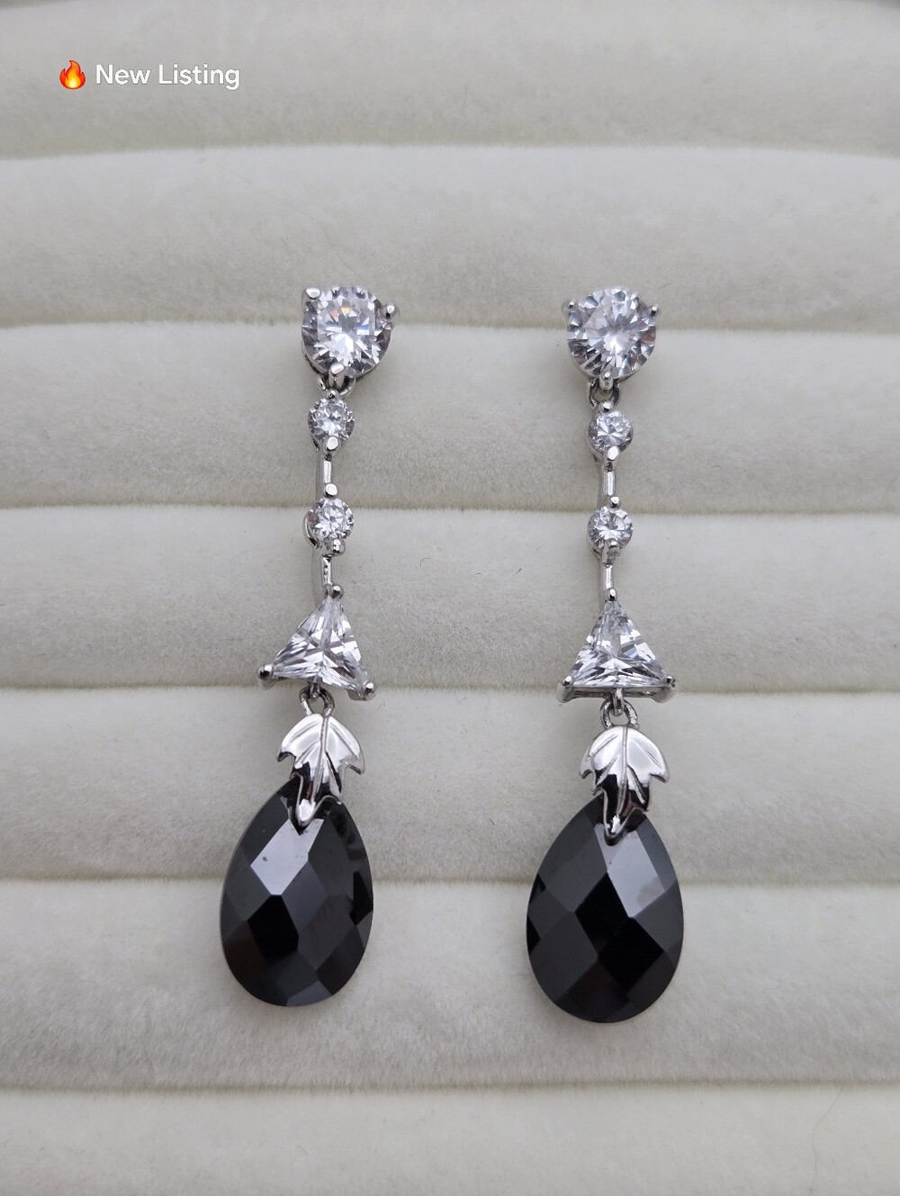 Art Deco Black Teardrop CZ Dangle Earrings Silver Tone 1.75"